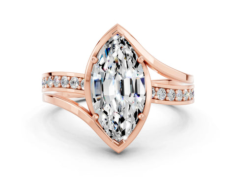 Rose gold Marquise Cut Moissanite Solitaire Ring with Split Shank and Prong Setting