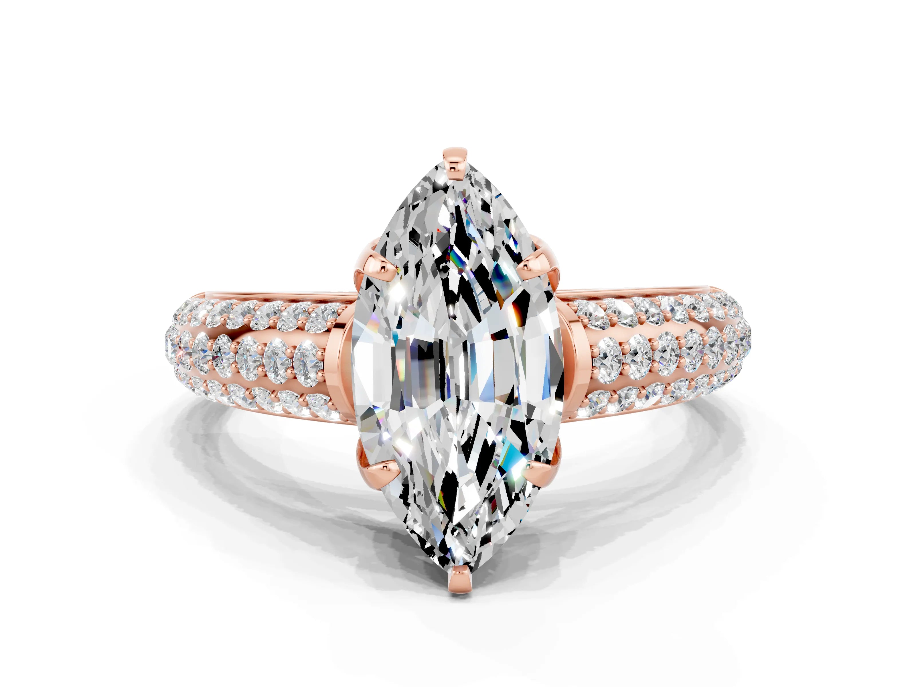 Rose gold Marquise Cut Moissanite Solitaire Ring with Three-Row Pavé Band and Four-Prong Setting_12