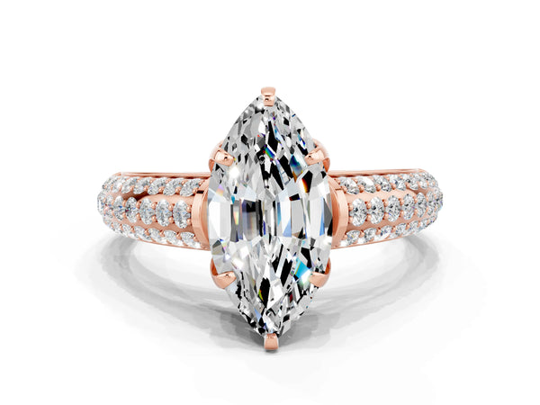 Rose gold Marquise Cut Moissanite Solitaire Ring with Three-Row Pavé Band and Four-Prong Setting