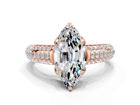 Rose gold Marquise Cut Moissanite Solitaire Ring with Three-Row Pavé Band and Four-Prong Setting_12