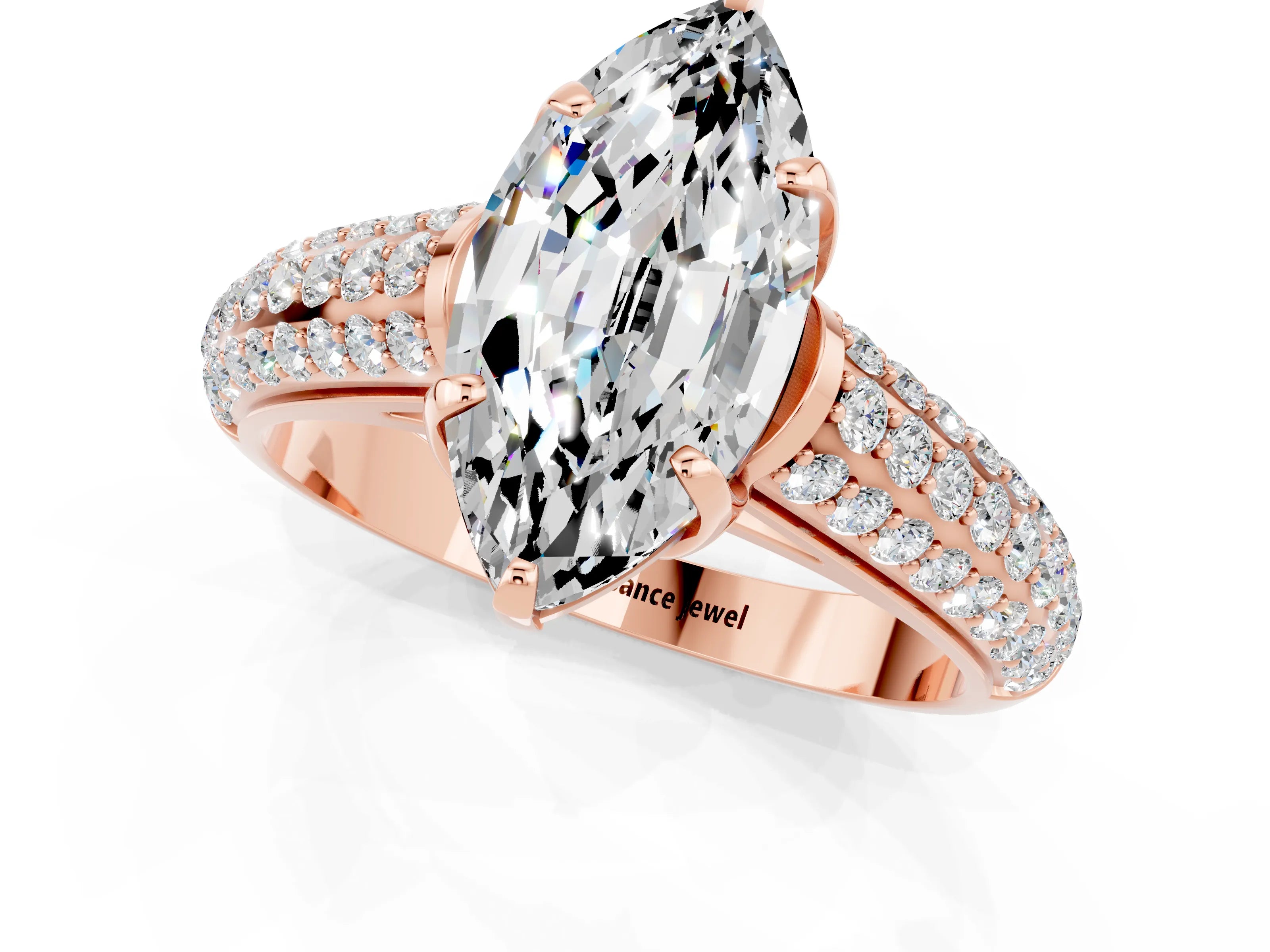 Rose gold Marquise Cut Moissanite Solitaire Ring with Three-Row Pavé Band and Four-Prong Setting_13