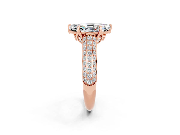 Rose gold Marquise Cut Moissanite Solitaire Ring with Three-Row Pavé Band and Four-Prong Setting