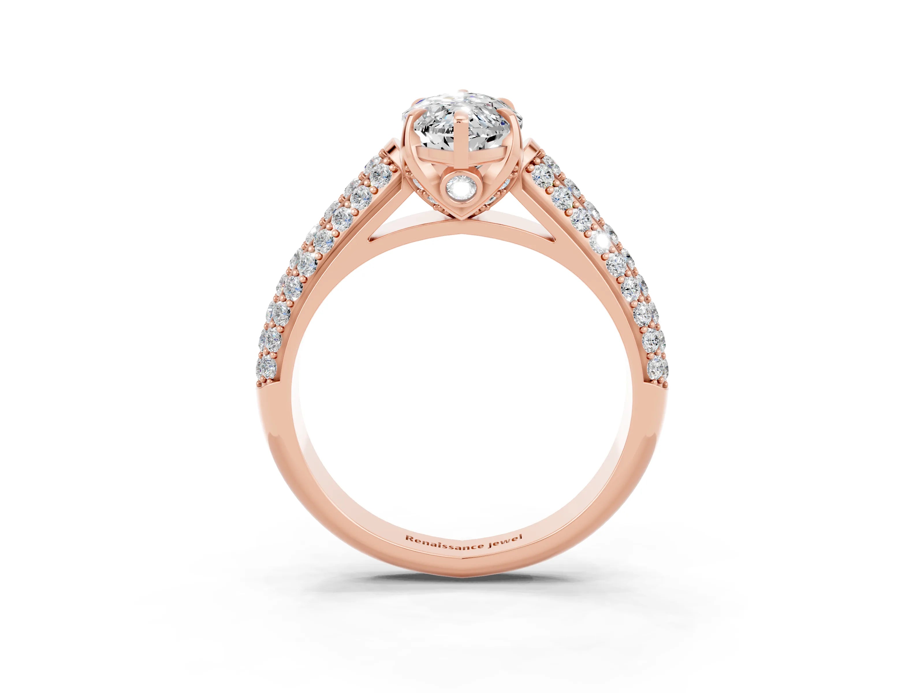 Rose gold Marquise Cut Moissanite Solitaire Ring with Three-Row Pavé Band and Four-Prong Setting_15