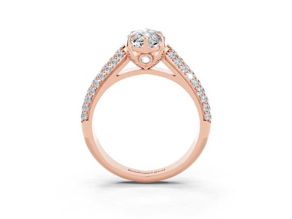 Rose gold Marquise Cut Moissanite Solitaire Ring with Three-Row Pavé Band and Four-Prong Setting