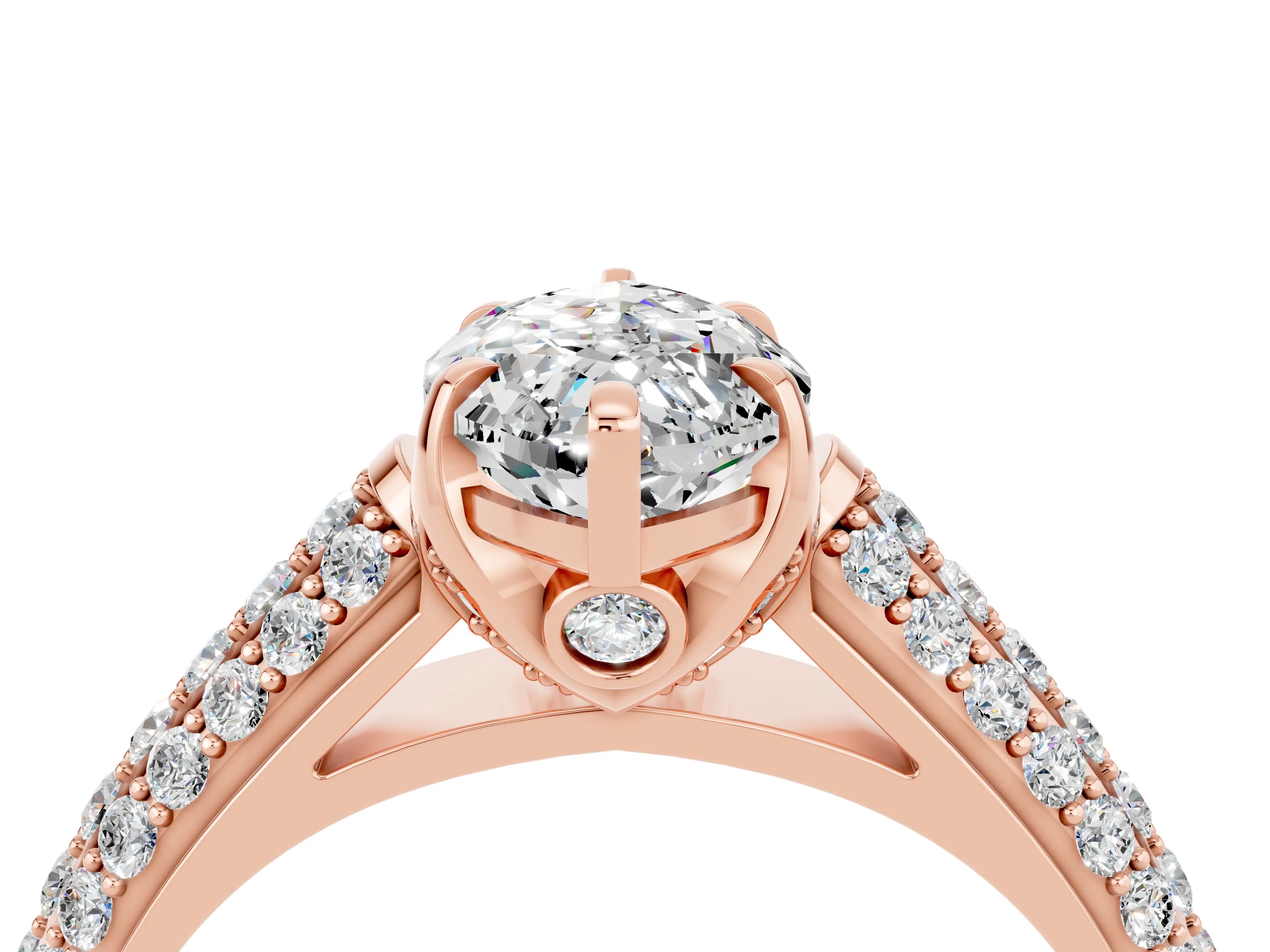 Rose gold Marquise Cut Moissanite Solitaire Ring with Three-Row Pavé Band and Four-Prong Setting_16