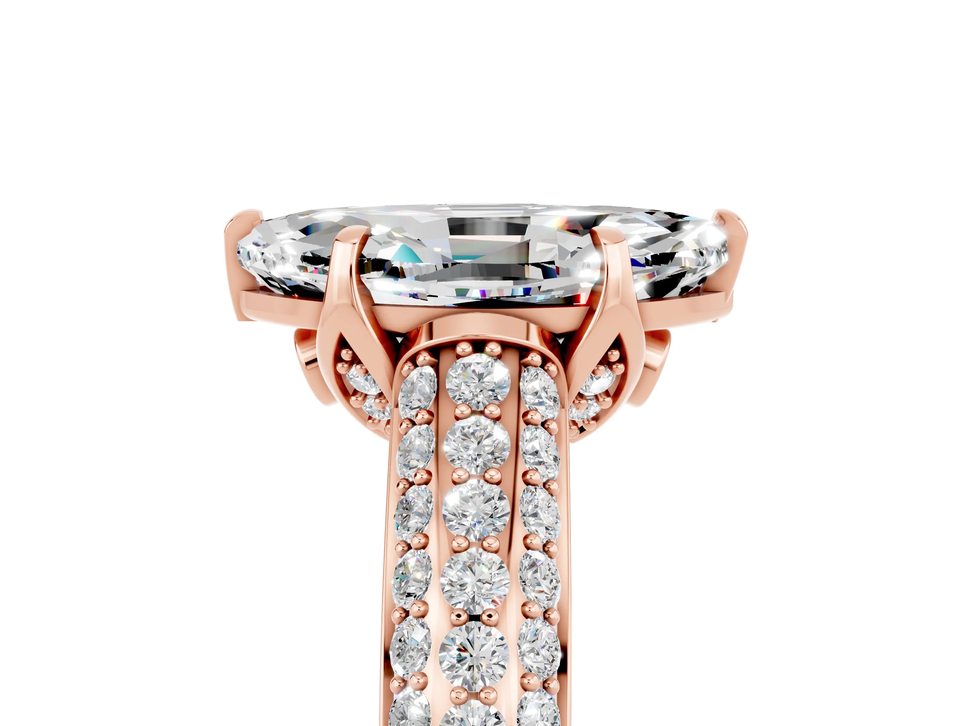 Rose gold Marquise Cut Moissanite Solitaire Ring with Three-Row Pavé Band and Four-Prong Setting_17