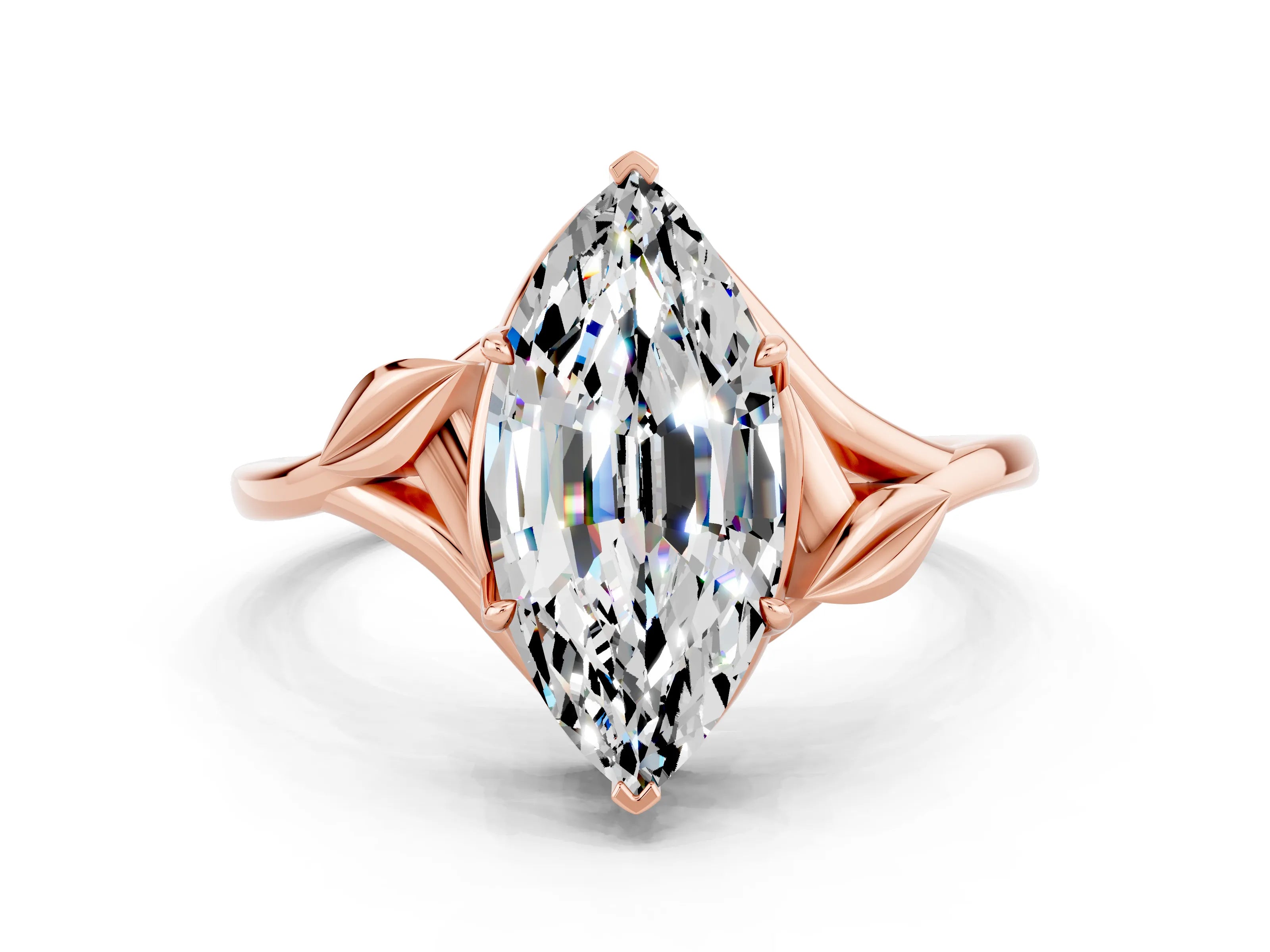 Rose gold Marquise Cut Moissanite Solitaire Ring with Twist Band and Four-Prong Setting_24