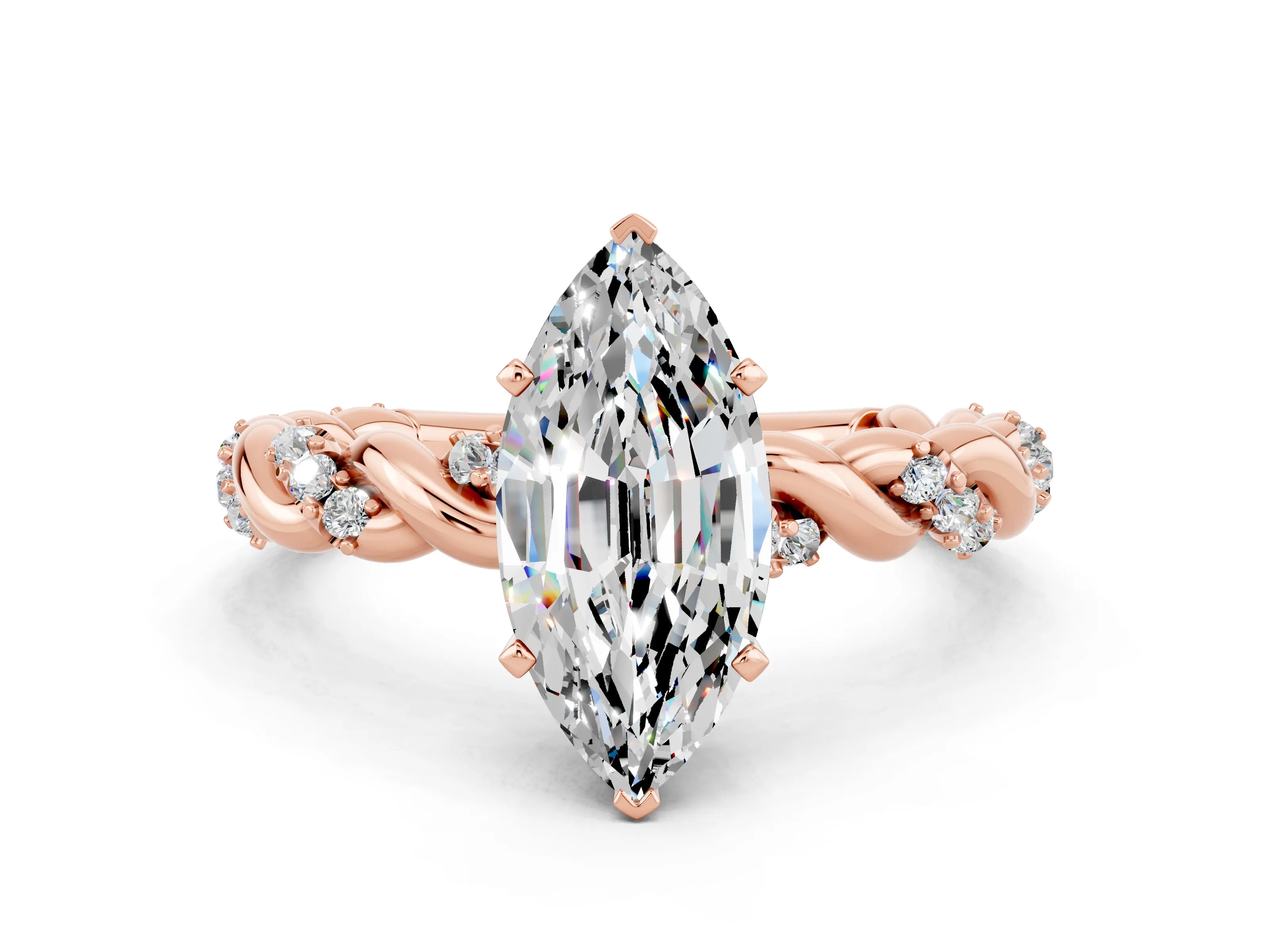 Rose gold Marquise Cut Moissanite Solitaire Ring with Twisted Band and Pavé Accents