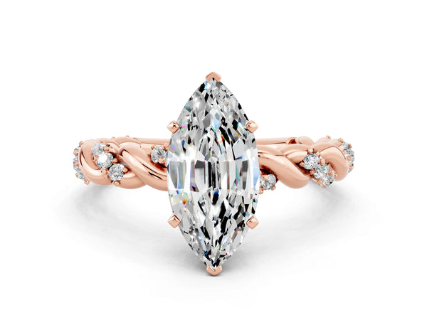 Rose gold Marquise Cut Moissanite Solitaire Ring with Twisted Band and Pavé Accents