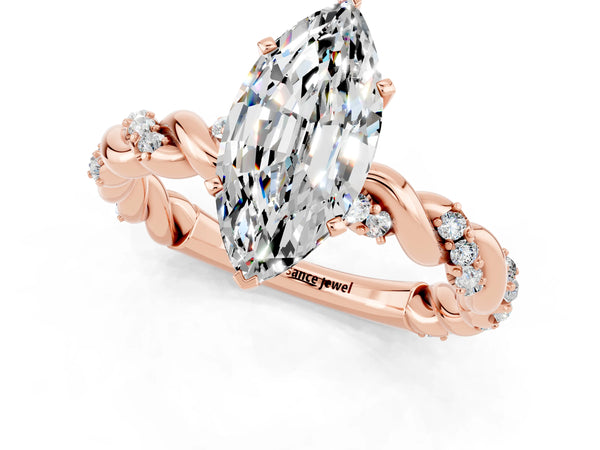 Rose gold Marquise Cut Moissanite Solitaire Ring with Twisted Band and Pavé Accents