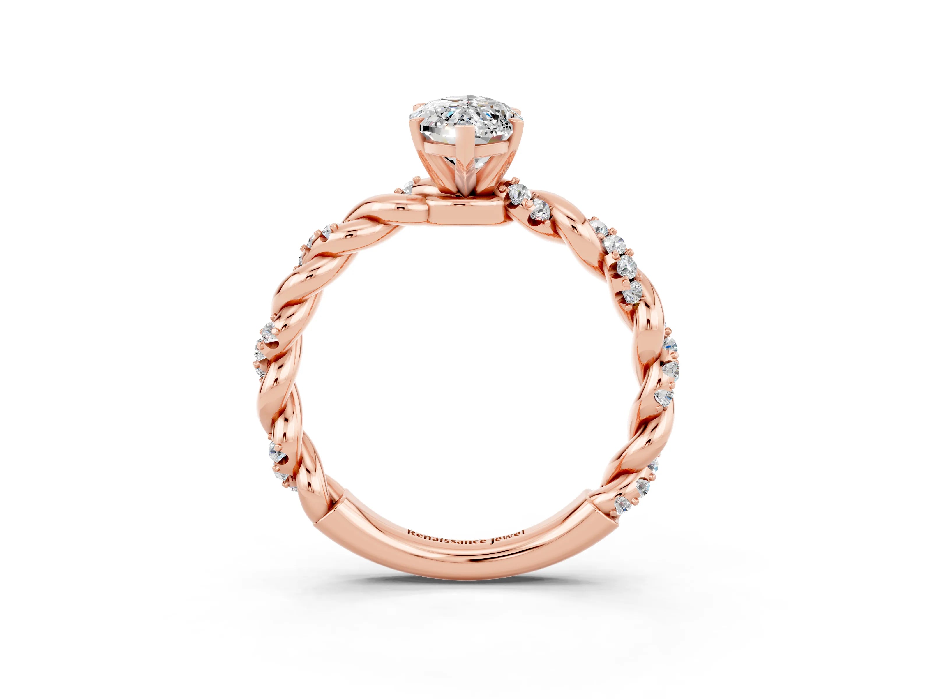 Rose gold Marquise Cut Moissanite Solitaire Ring with Twisted Band and Pavé Accents_3