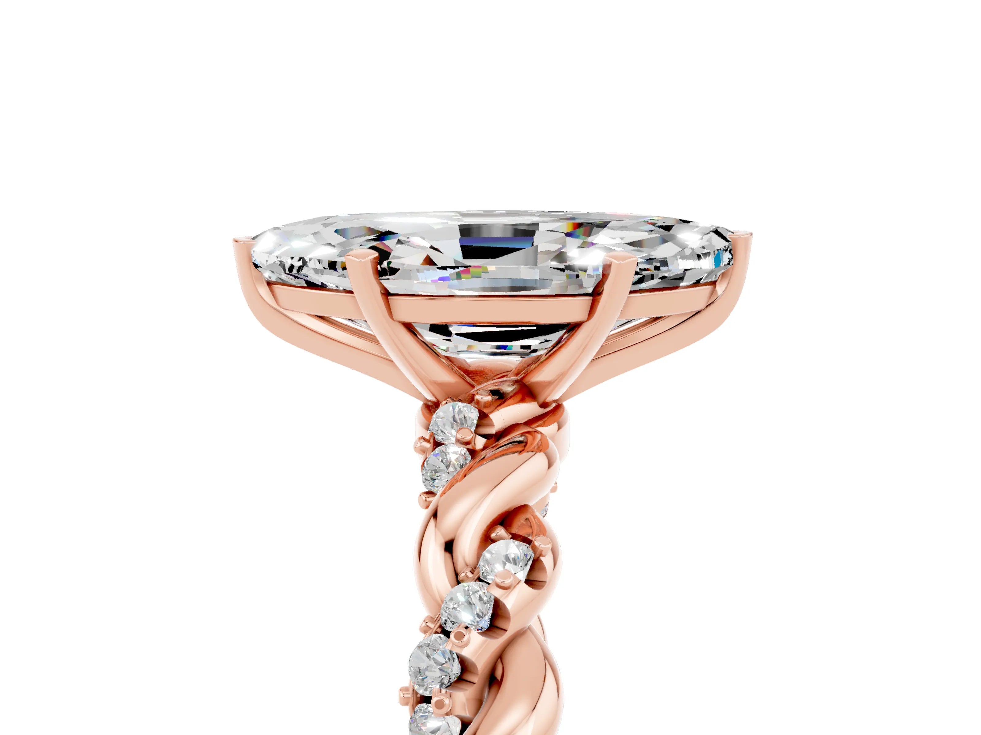 Rose gold Marquise Cut Moissanite Solitaire Ring with Twisted Band and Pavé Accents_5