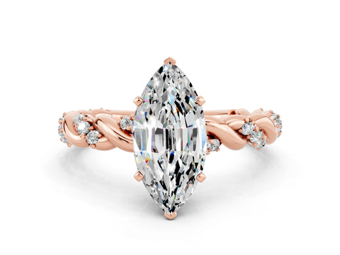 Rose gold Marquise Cut Moissanite Solitaire Ring with Twisted Band and Pavé Accents