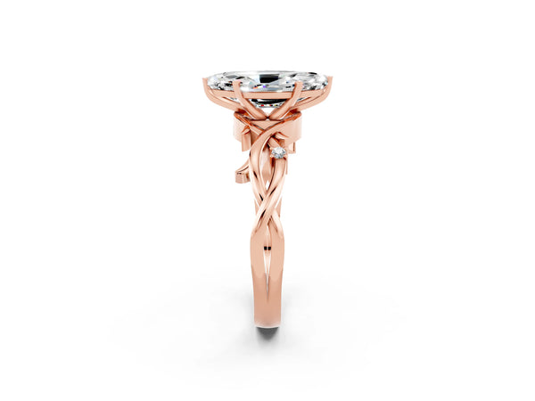 Rose gold Marquise Cut Moissanite Solitaire Ring with Twisted Band and Prong Setting