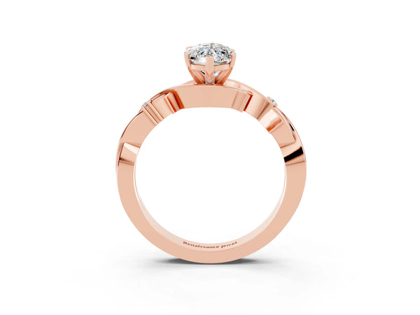 Rose gold Marquise Cut Moissanite Solitaire Ring with Twisted Band and Prong Setting