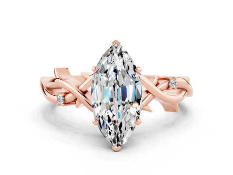 Rose gold Marquise Cut Moissanite Solitaire Ring with Twisted Band and Prong Setting