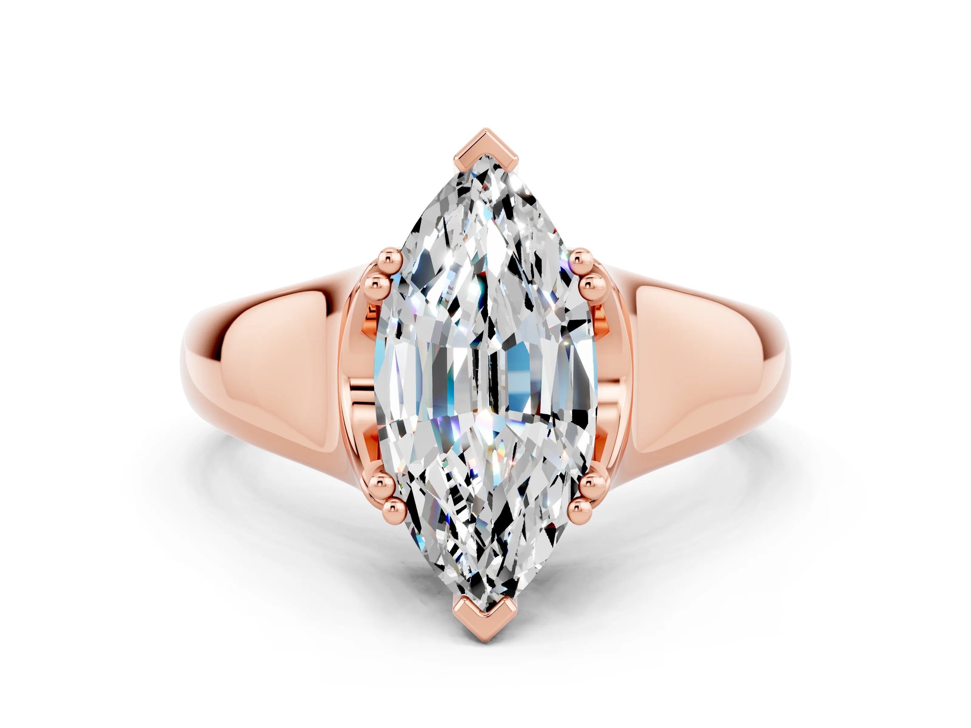 Rose gold Marquise Cut Moissanite Solitaire Ring with Wide Band and Prong Setting