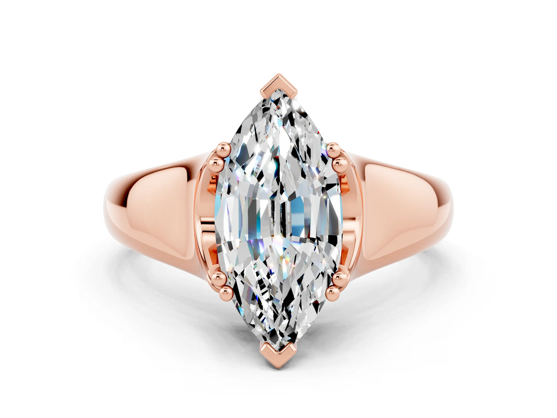 Rose gold Marquise Cut Moissanite Solitaire Ring with Wide Band and Prong Setting