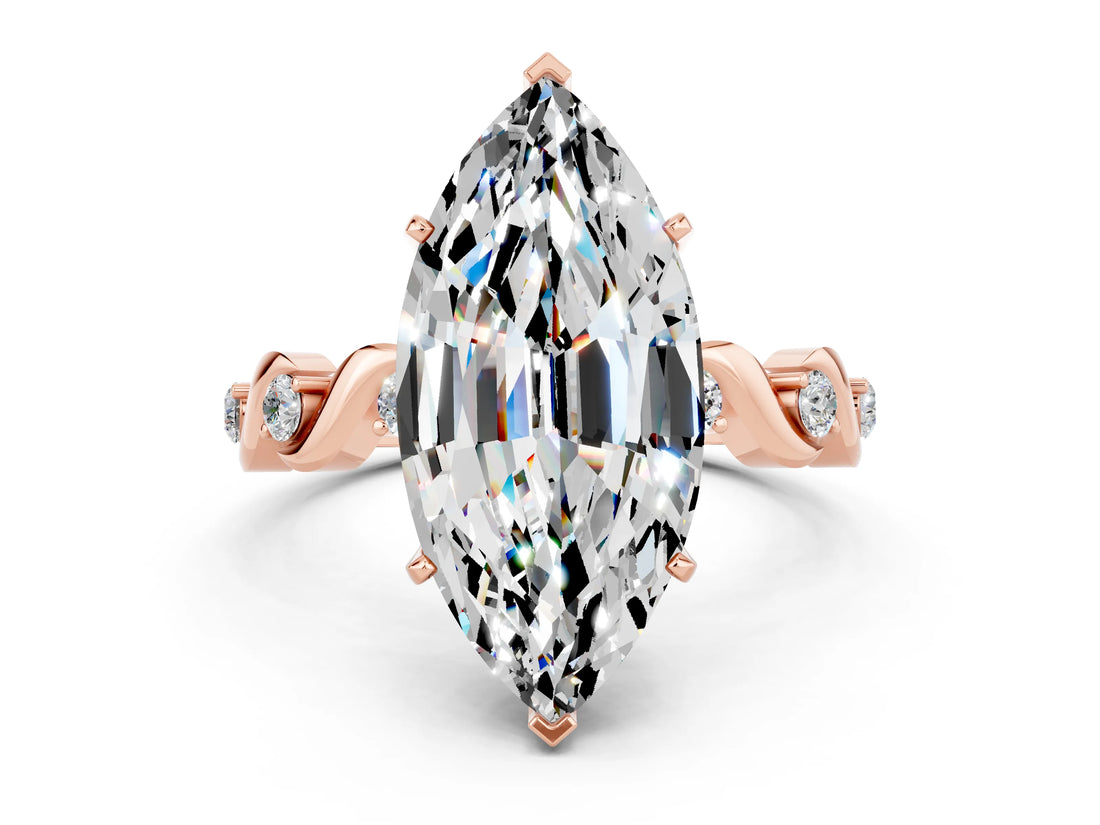 Rose gold Marquise Cut Moissanite Solitaire Twisted Band with Round  Accents and Prong Setting_12