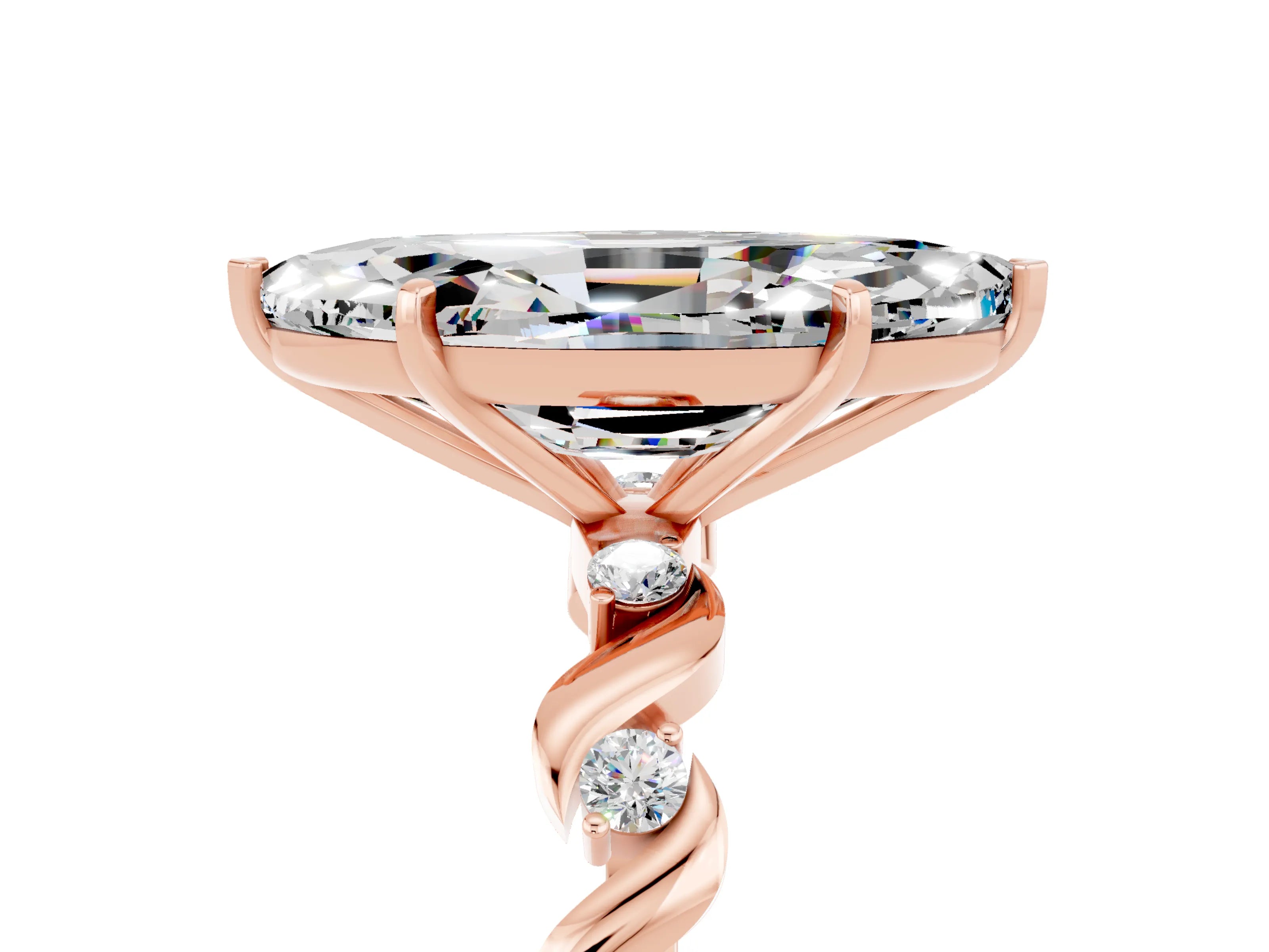 Rose gold Marquise Cut Moissanite Solitaire Twisted Band with Round  Accents and Prong Setting_17