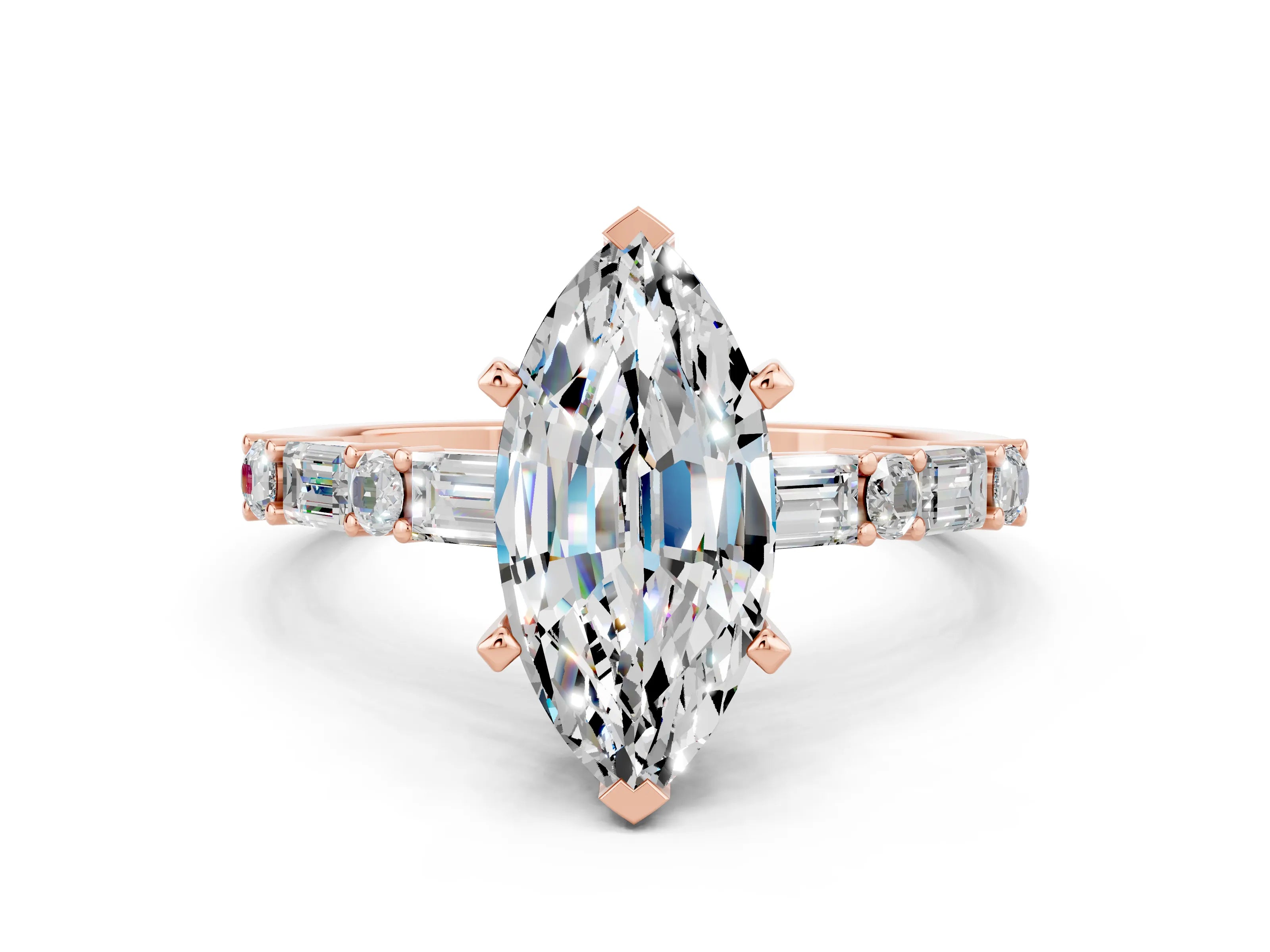 Rose gold Marquise Cut Moissanite Solitaire with Side Baguettes and Channel Set Band