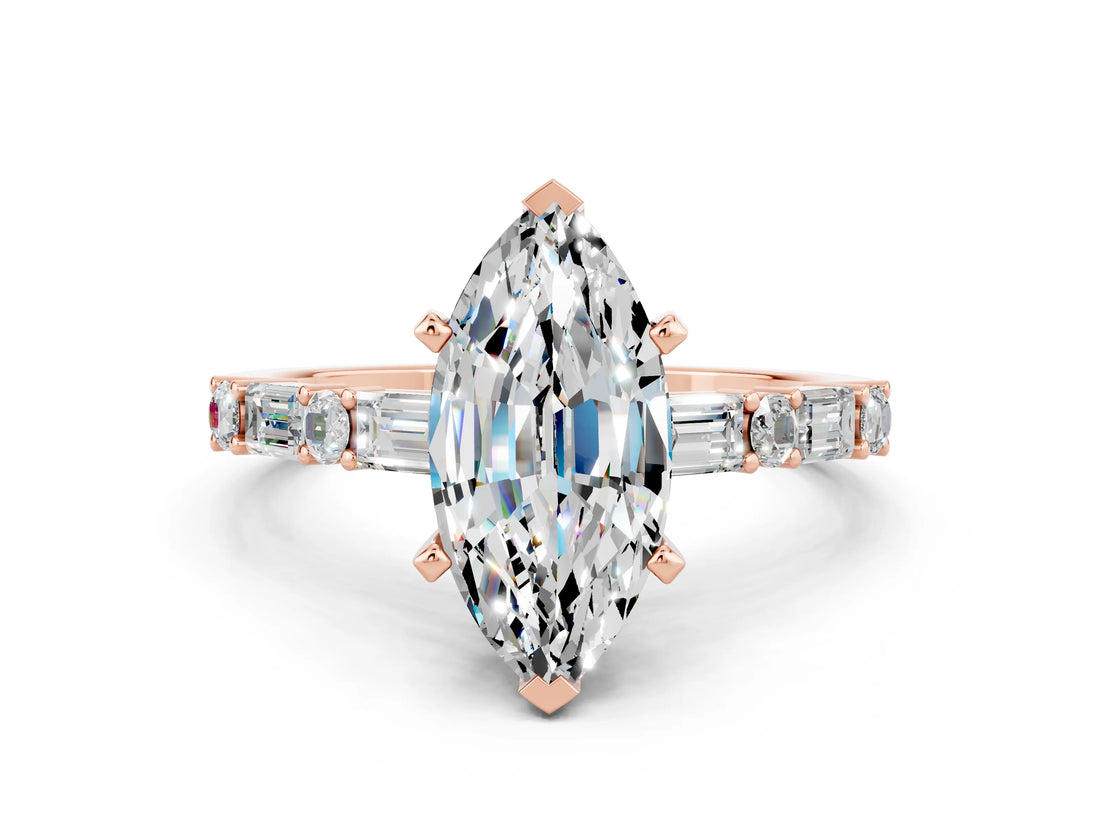 Rose gold Marquise Cut Moissanite Solitaire with Side Baguettes and Channel Set Band