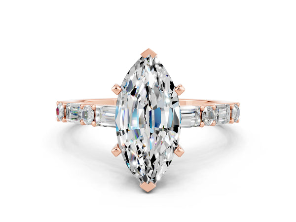 Rose gold Marquise Cut Moissanite Solitaire with Side Baguettes and Channel Set Band
