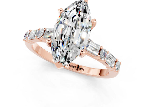 Rose gold Marquise Cut Moissanite Solitaire with Side Baguettes and Channel Set Band