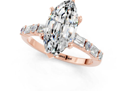 Rose gold Marquise Cut Moissanite Solitaire with Side Baguettes and Channel Set Band_1
