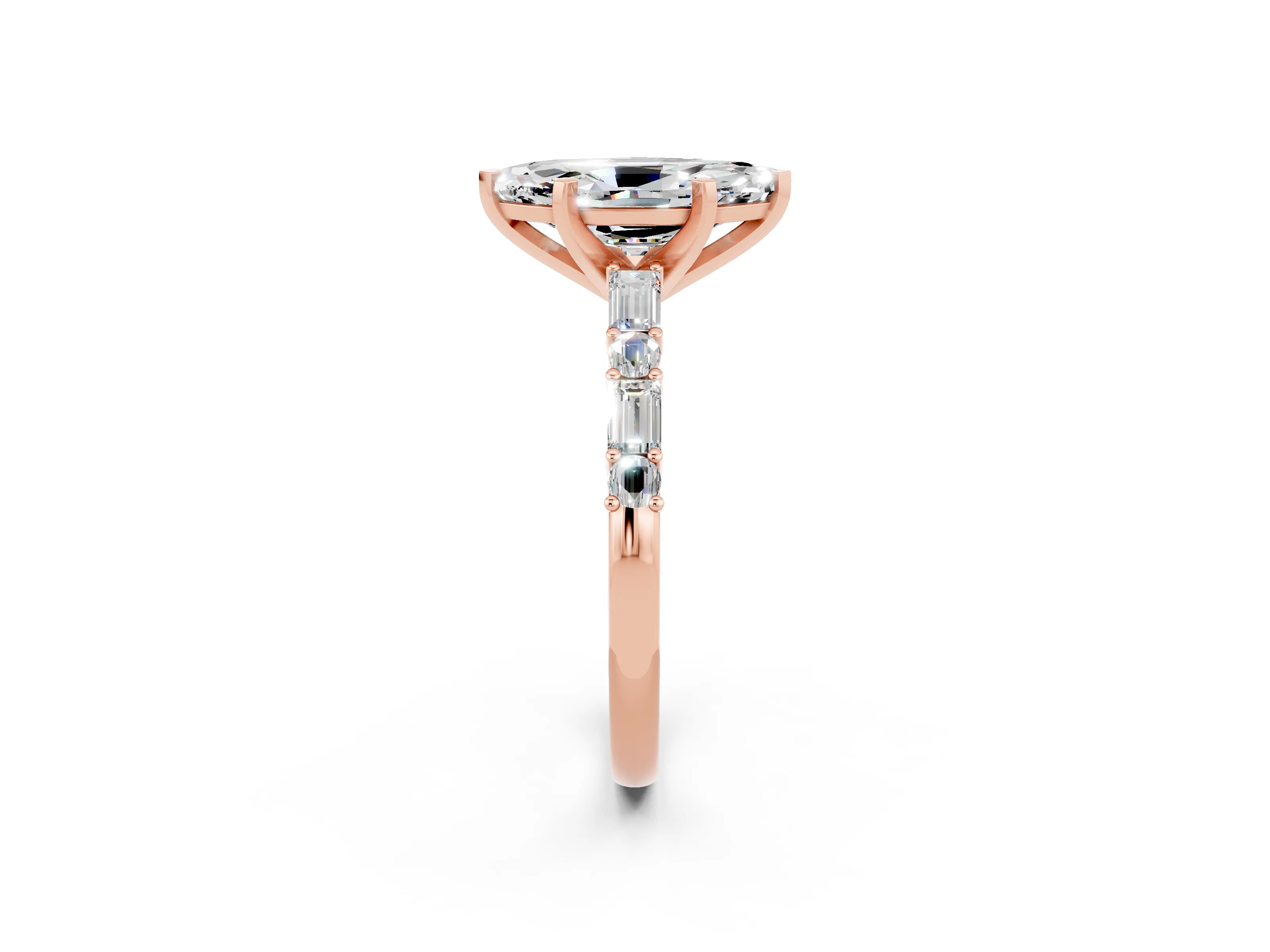 Rose gold Marquise Cut Moissanite Solitaire with Side Baguettes and Channel Set Band_2