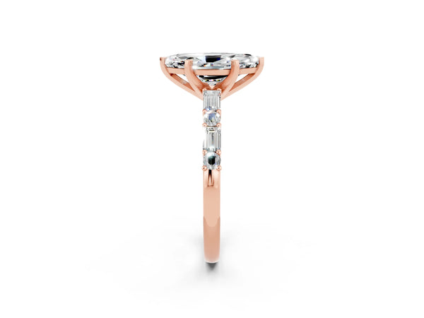 Rose gold Marquise Cut Moissanite Solitaire with Side Baguettes and Channel Set Band