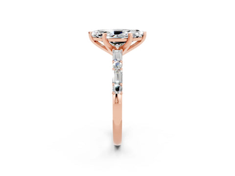 Rose gold Marquise Cut Moissanite Solitaire with Side Baguettes and Channel Set Band_2