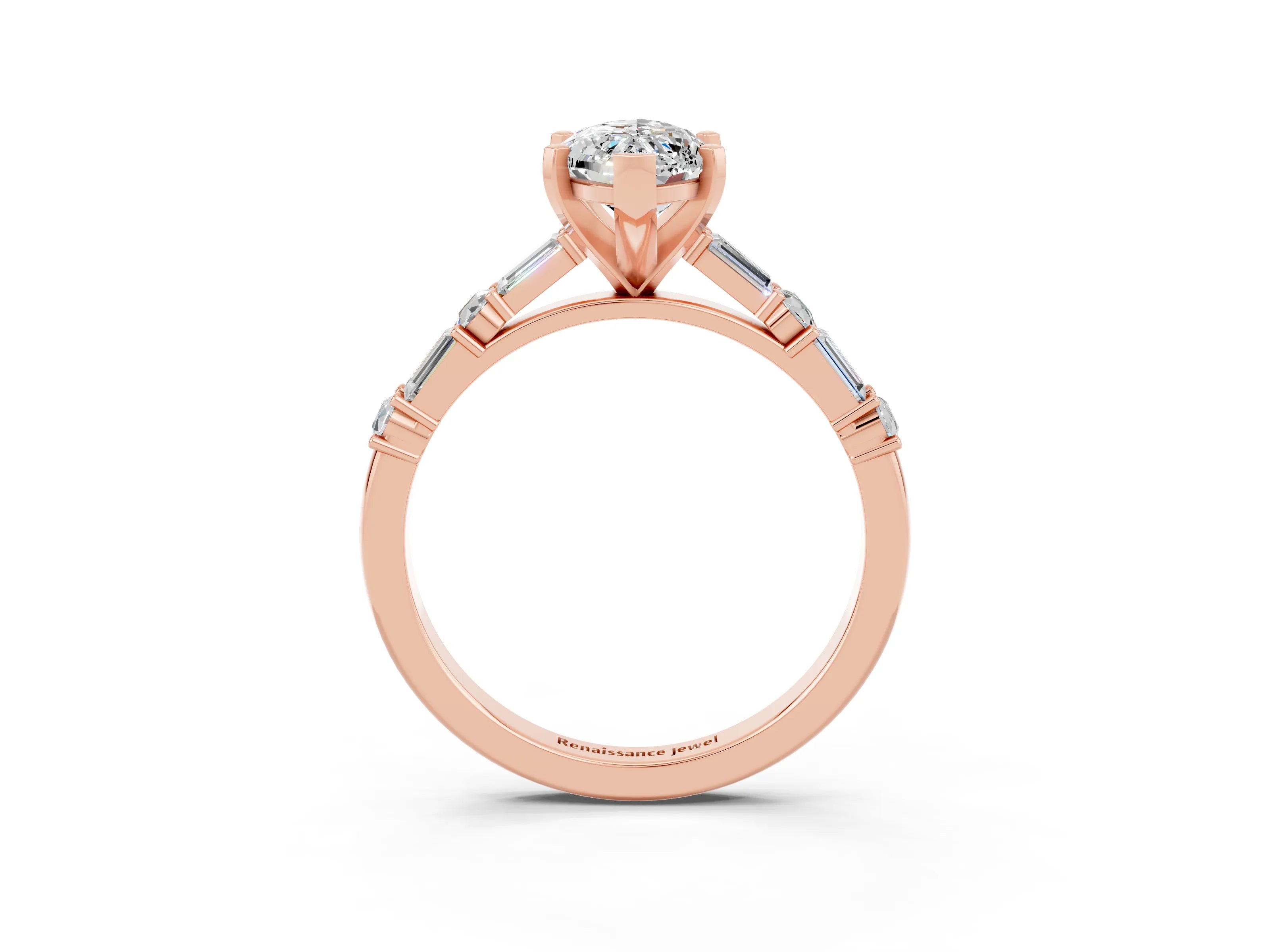 Rose gold Marquise Cut Moissanite Solitaire with Side Baguettes and Channel Set Band_3