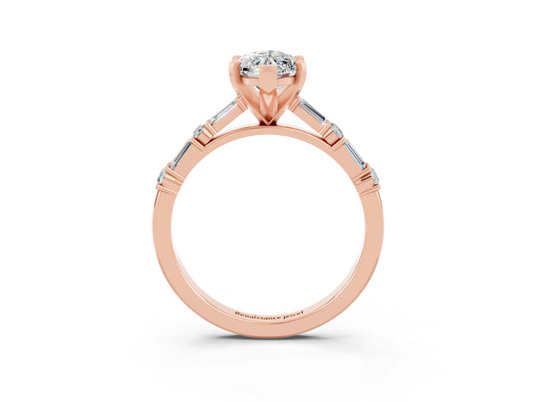 Rose gold Marquise Cut Moissanite Solitaire with Side Baguettes and Channel Set Band