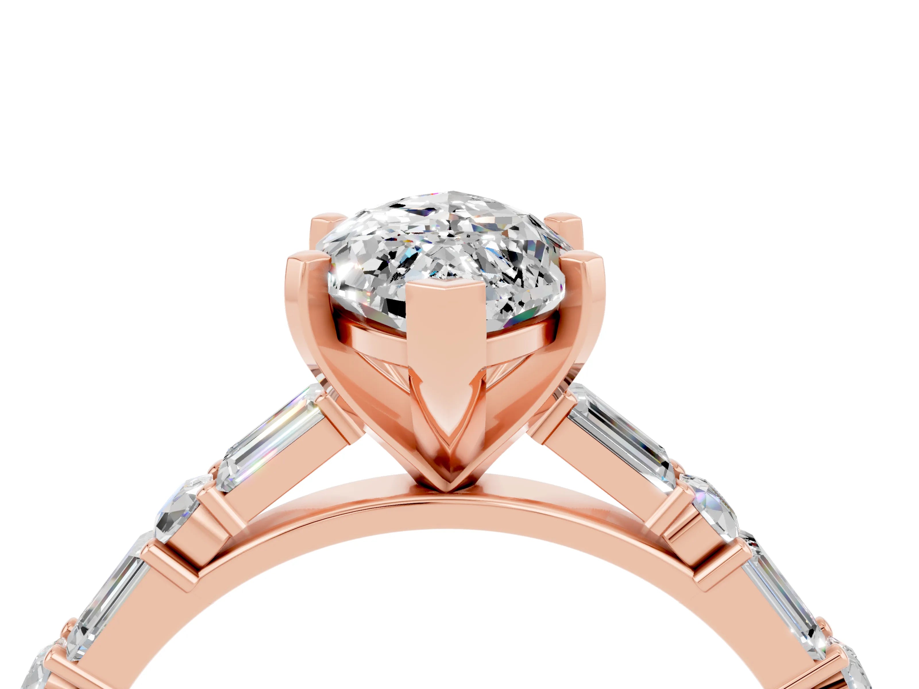 Rose gold Marquise Cut Moissanite Solitaire with Side Baguettes and Channel Set Band_4