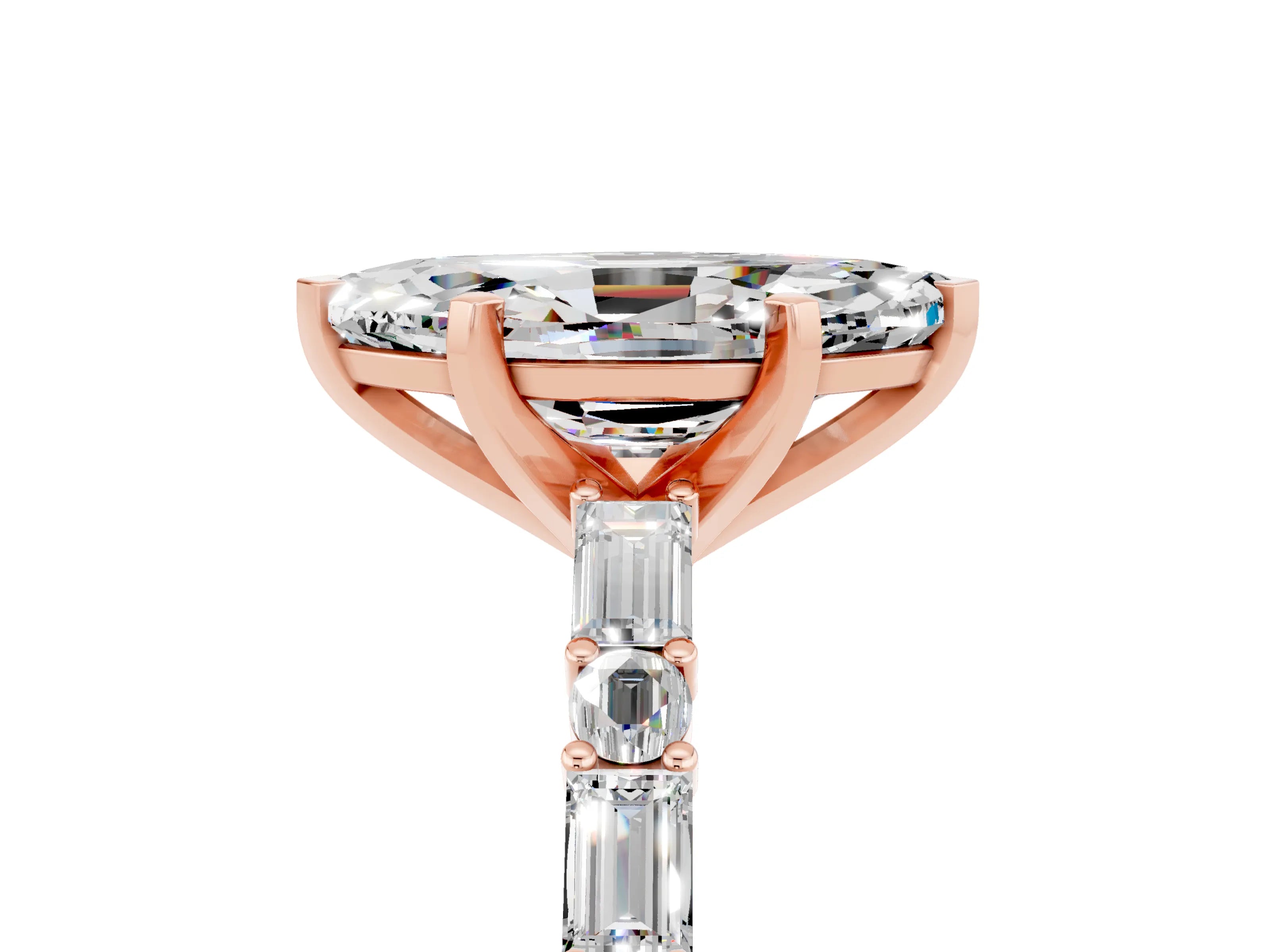 Rose gold Marquise Cut Moissanite Solitaire with Side Baguettes and Channel Set Band_5