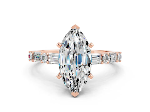 Rose gold Marquise Cut Moissanite Solitaire with Side Baguettes and Channel Set Band