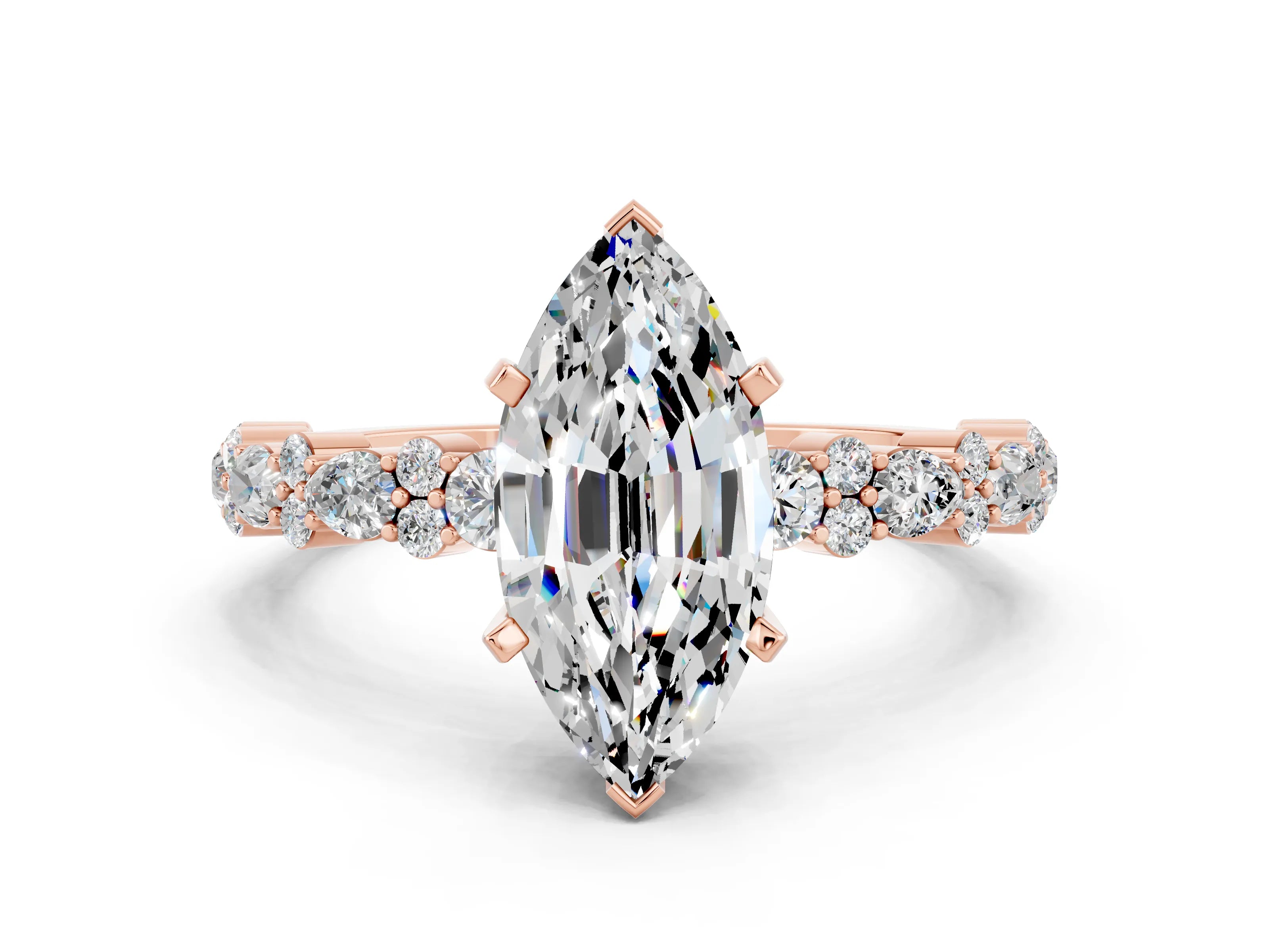Rose gold Marquise Cut Moissanite Solitaire with Side Stones, Pave Band, Four-Prong Setting_36