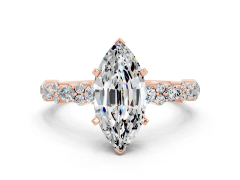 Rose gold Marquise Cut Moissanite Solitaire with Side Stones, Pave Band, Four-Prong Setting_36