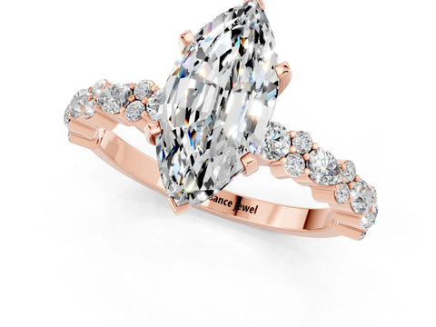 Rose gold Marquise Cut Moissanite Solitaire with Side Stones, Pave Band, Four-Prong Setting_37