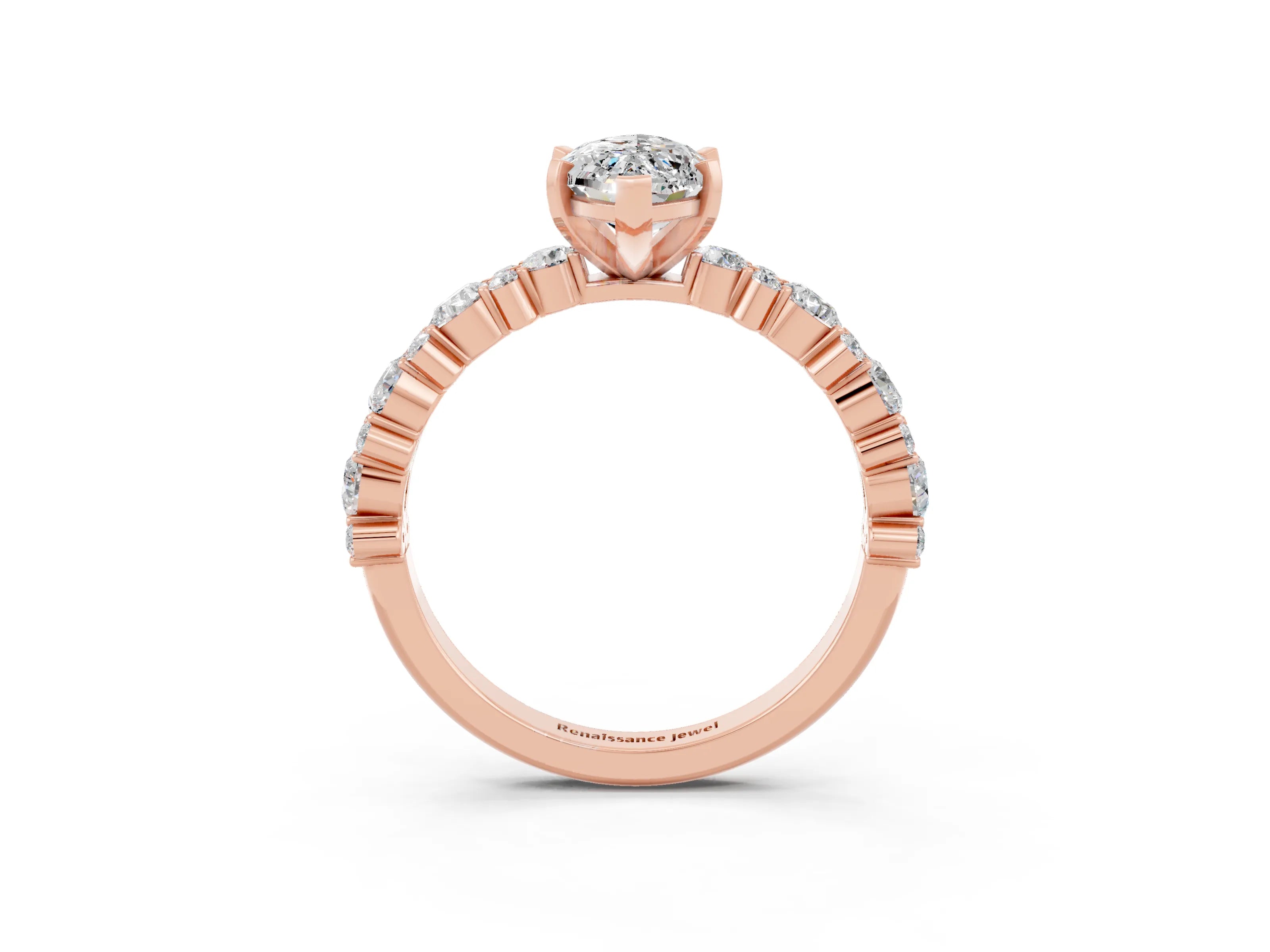 Rose gold Marquise Cut Moissanite Solitaire with Side Stones, Pave Band, Four-Prong Setting_39