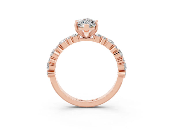 Rose gold Marquise Cut Moissanite Side Stone Solitaire Ring with Round  and Four-Prong Setting
