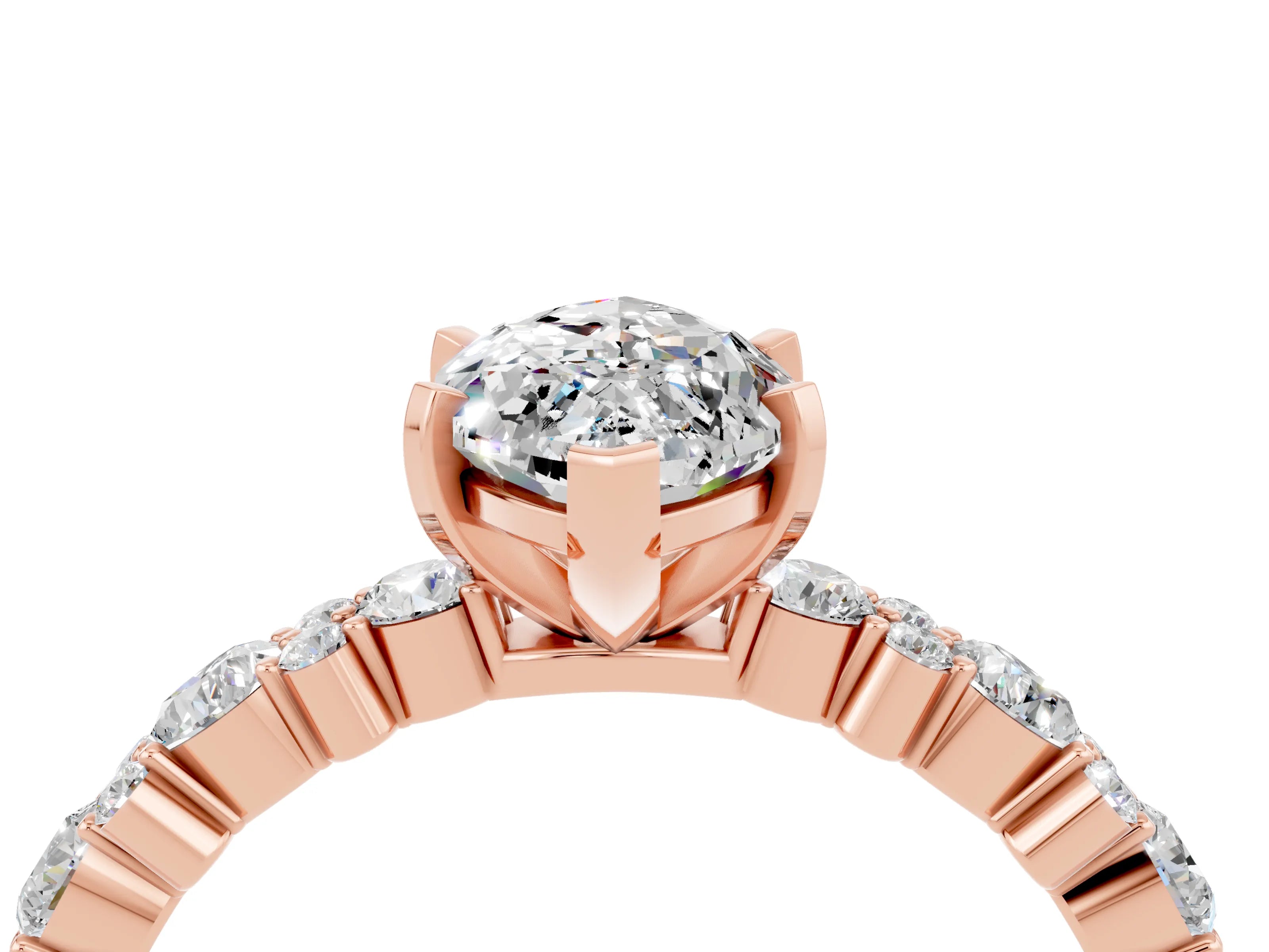 Rose gold Marquise Cut Moissanite Solitaire with Side Stones, Pave Band, Four-Prong Setting_40