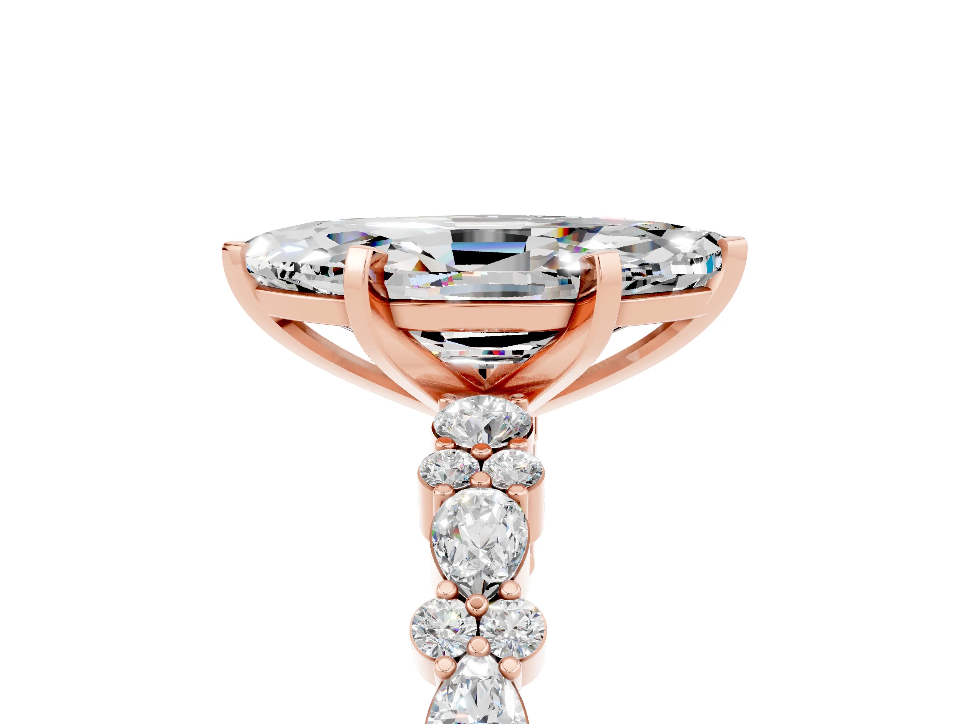 Rose gold Marquise Cut Moissanite Solitaire with Side Stones, Pave Band, Four-Prong Setting_41