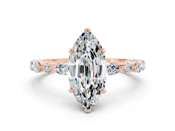 Rose gold Marquise Cut Moissanite Ring with Marquise and Round  Side Stones and Four-Prong Setting