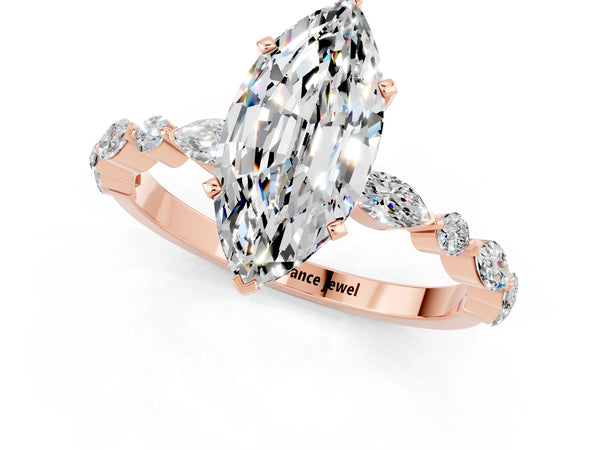 Rose gold Marquise Cut Moissanite Ring with Marquise and Round  Side Stones and Four-Prong Setting