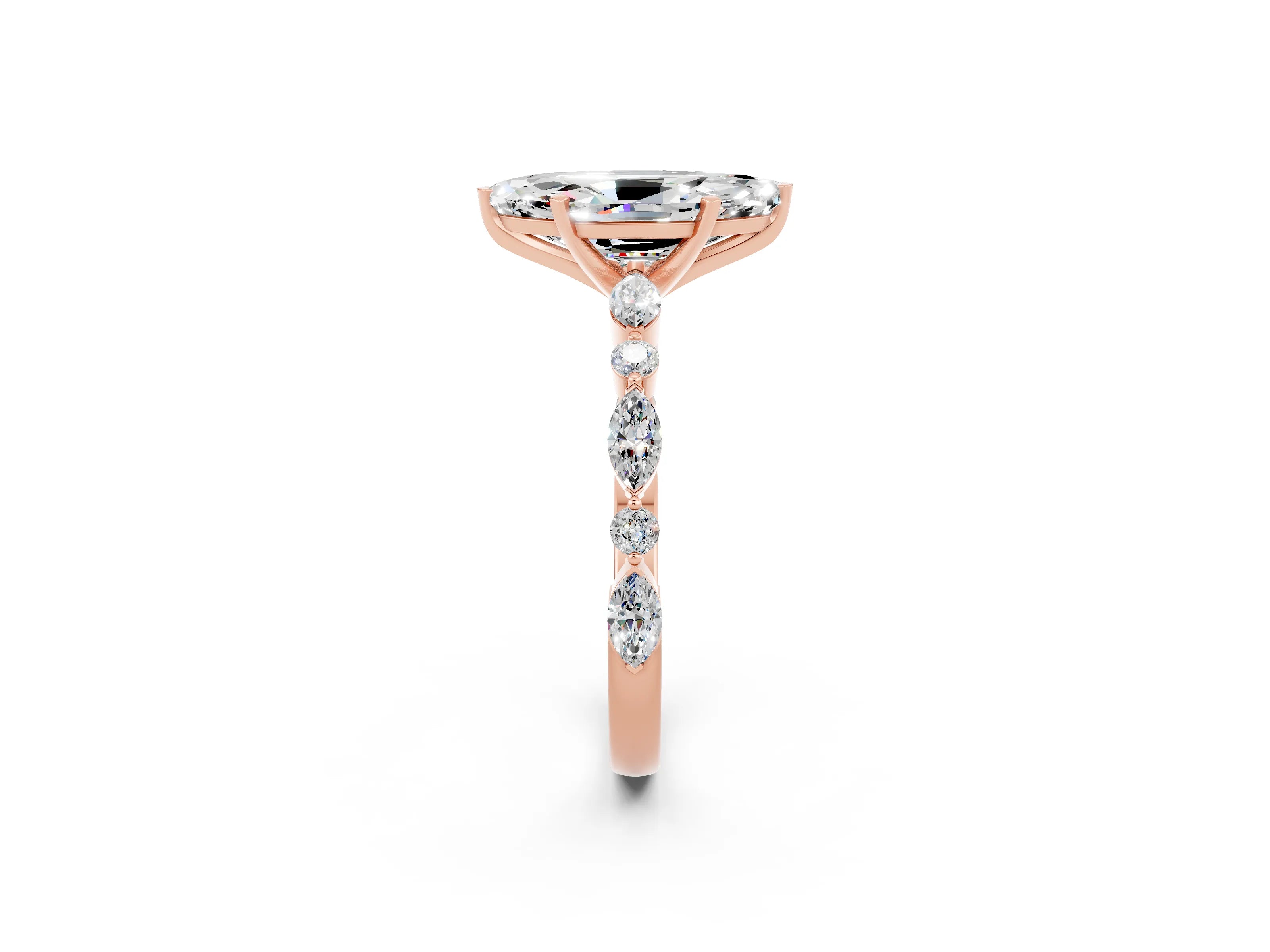Rose gold Marquise Cut Moissanite Solitaire with Side Stones on a Pavé Band and Four-Prong Setting_2