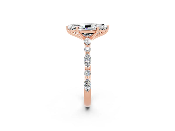 Rose gold Marquise Cut Moissanite Ring with Marquise and Round  Side Stones and Four-Prong Setting