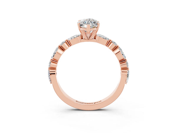 Rose gold Marquise Cut Moissanite Ring with Marquise and Round  Side Stones and Four-Prong Setting