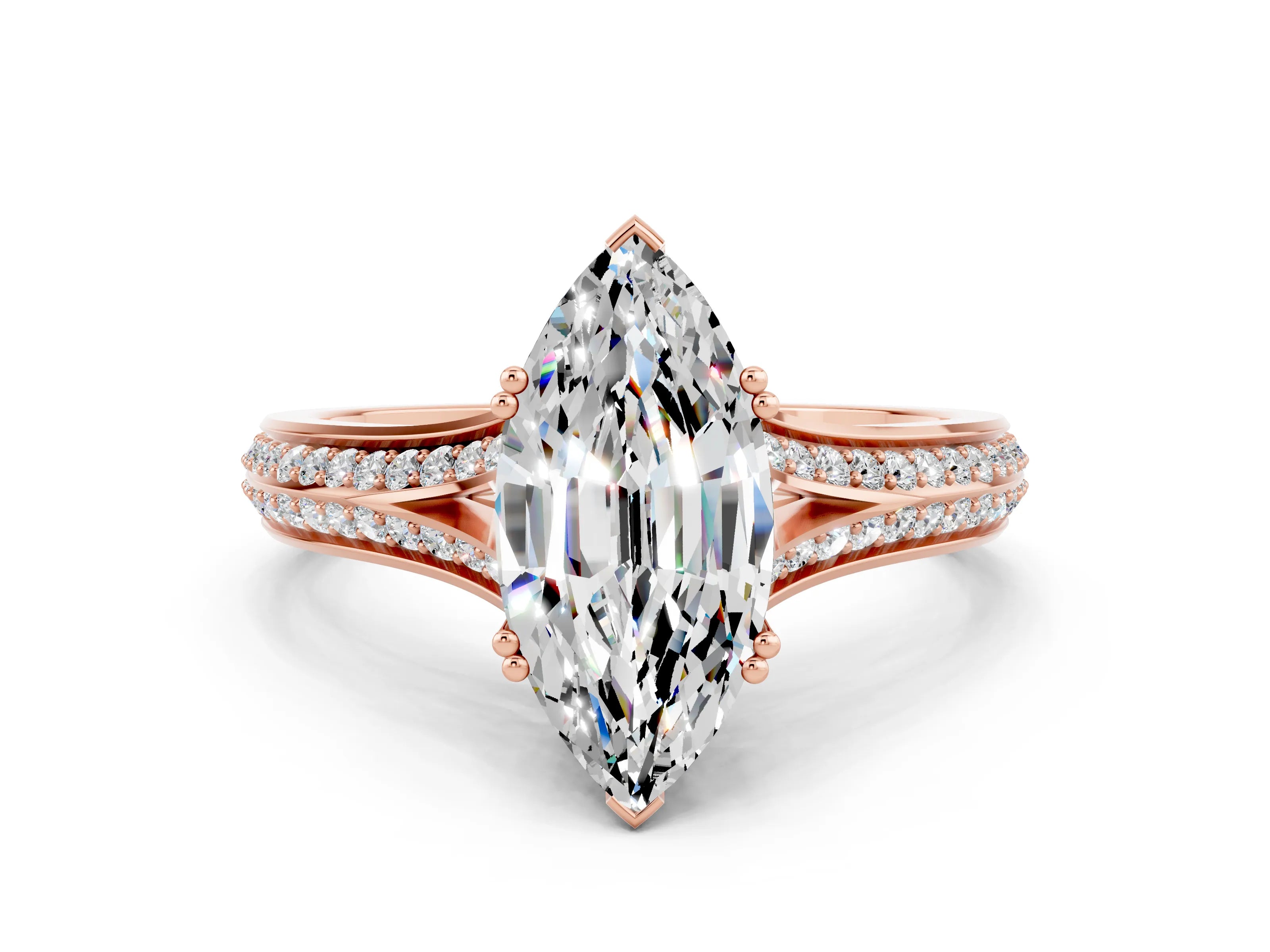 Rose gold Marquise Cut Moissanite Split Shank Engagement Ring with Pavé Band